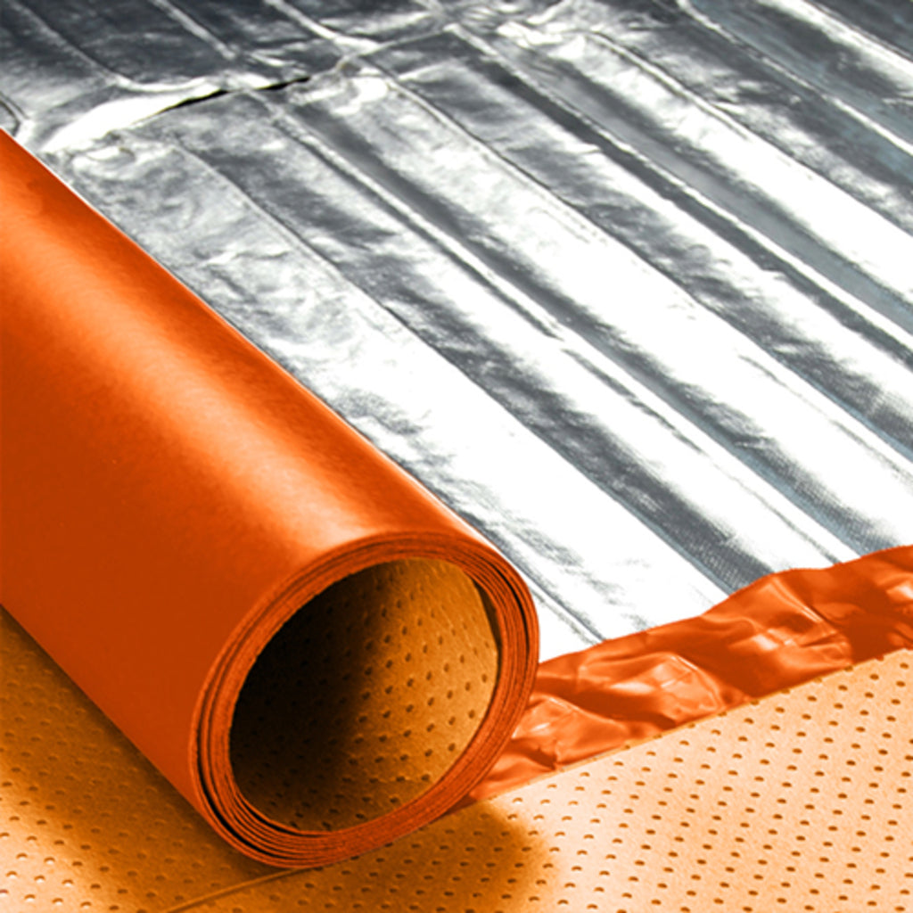 An orange roll of perforated ThermoSphere Cushioning Overlay shown being rolled over Thermosphere foil underfloor heating.