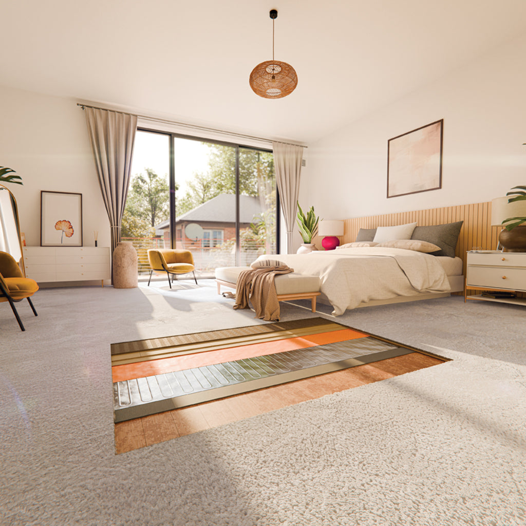 A modern bedroom interior with a cutout on the floor showing the Thermosphere underfloor heating foil with the different layers of substrate.