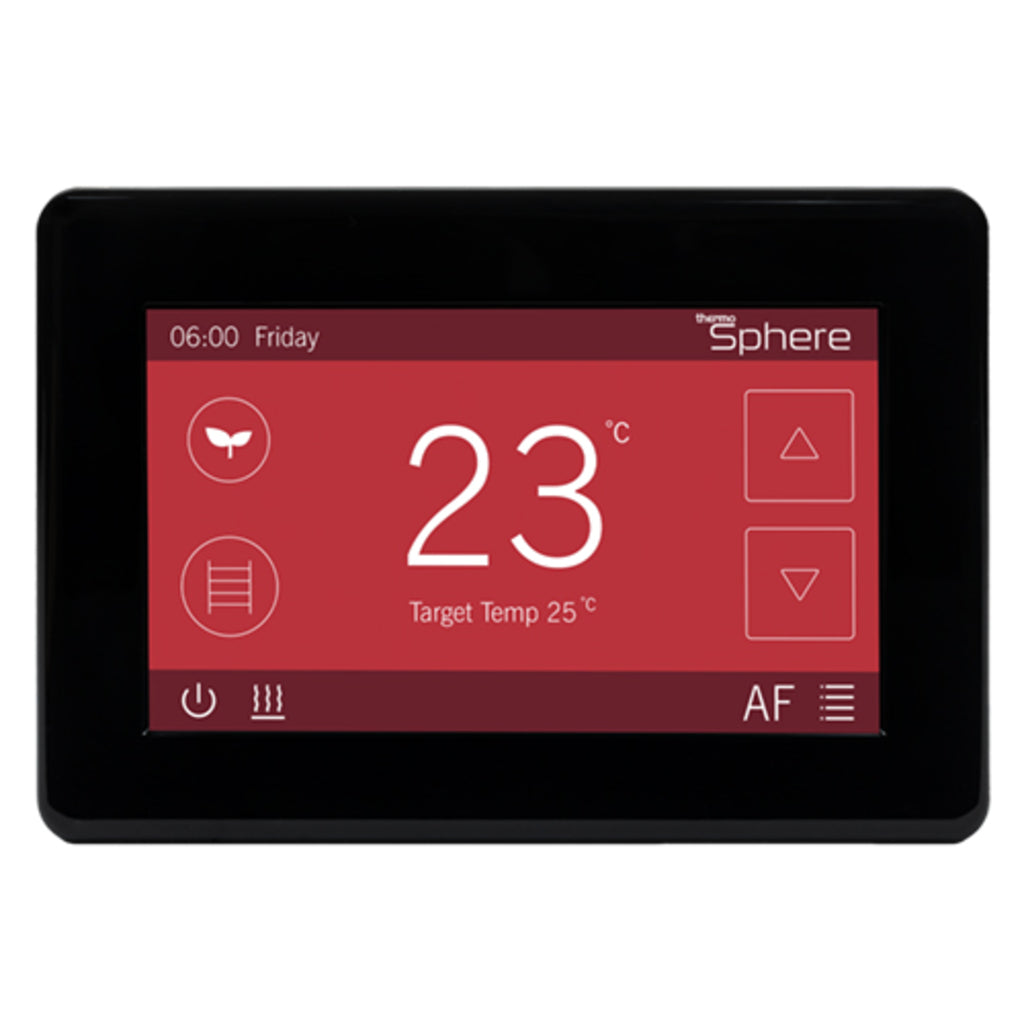 A black digital floor thermostat display screen showing a red user interface with the temperature 23 degrees Celsius, set against a plain white background.