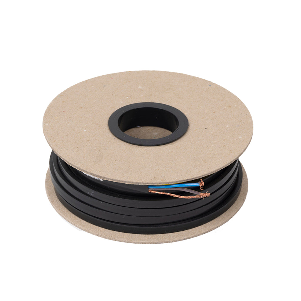 A spool of ThermoSphere Heating Cable wound around a light brown cardboard core, with two exposed wire strands (blue and copper) visible on the side, set against a plain white background.