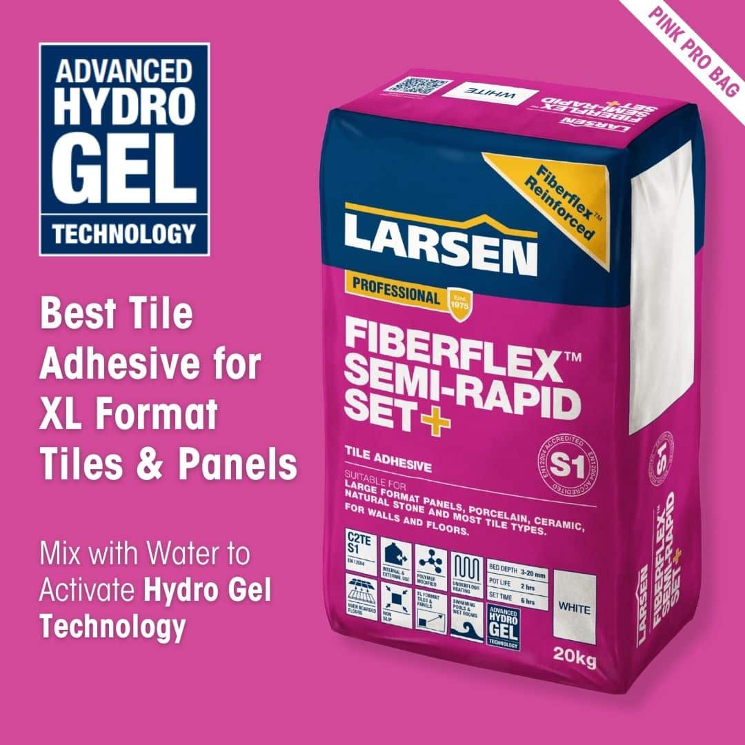 A 20kg bag of Larsen FiberFlex Semi-Rapid Set+ tile adhesive in Pink Pro Bag, shown on a solid pink background with promotional text highlighting its hydro gel technology.