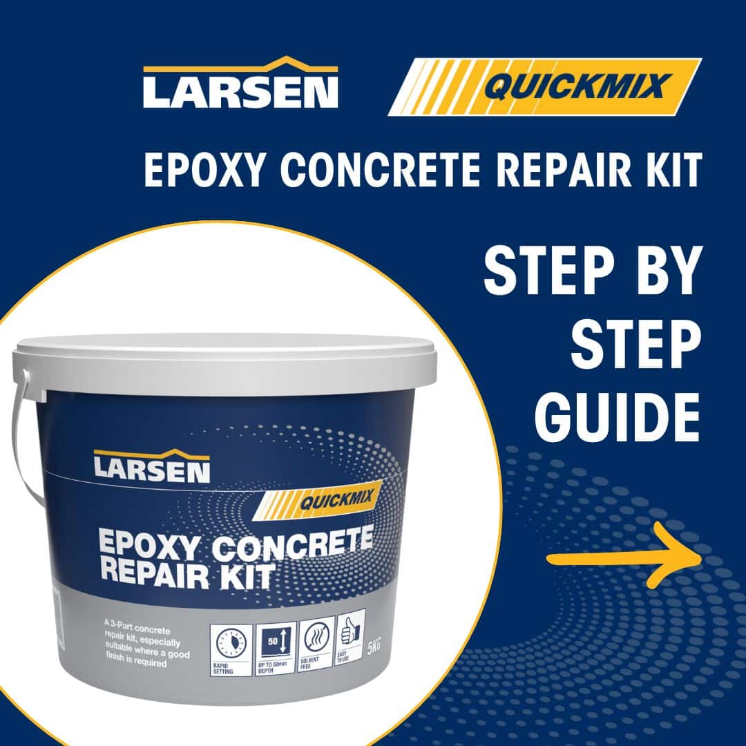 Step 1 of the Larsen Quickmix Epoxy Concrete Repair process — preparing the damaged concrete area before patching.
