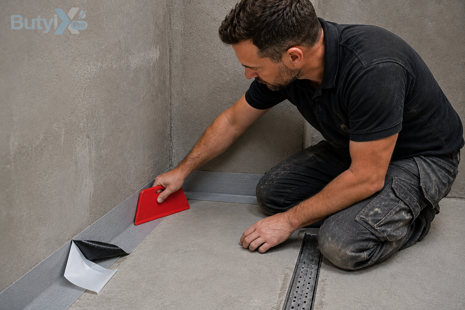 Installer pressing ButylX Pro self-adhesive waterproofing tape into a floor-wall junction using a red squeegee applicator in a wetroom shower