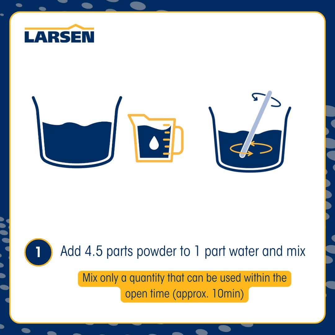 Step 2 of the Larsen Quickmix Rapid Repair Mortar process — cleaning loose debris and dust from the patch area.