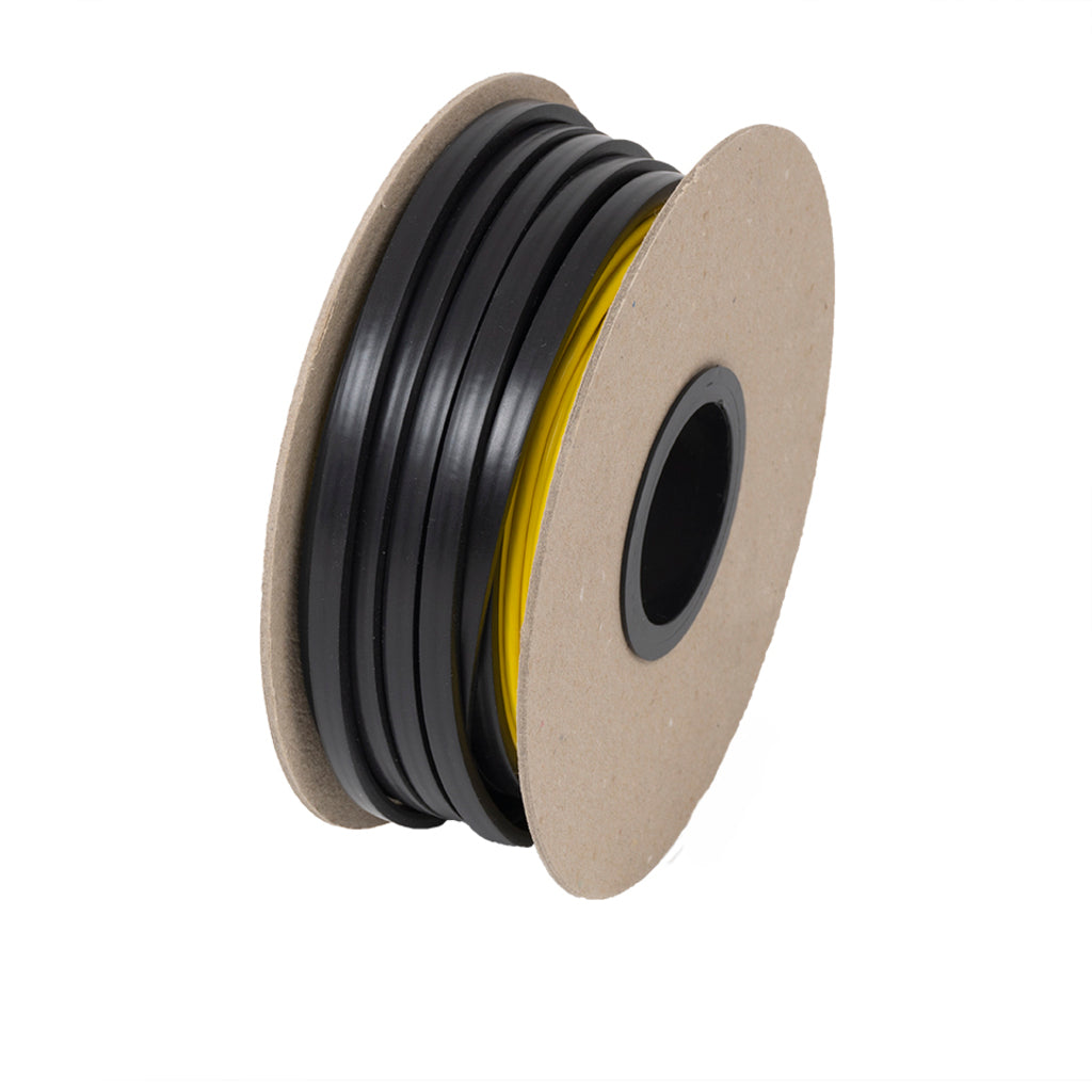 A spool of ThermoSphere Heating Cable wound around a light brown cardboard core, isolated on a white background.