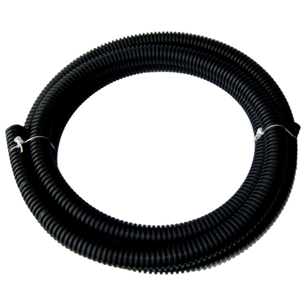 Black flexible conduit on a white background
