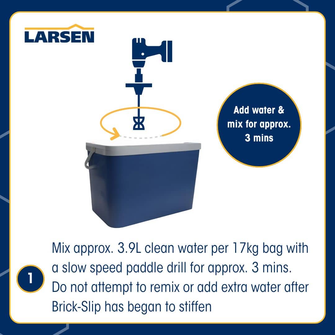 Step 2 of the Larsen Fusion XT Brick Slip Bond installation — mixing the brick slip adhesive to the recommended consistency.
