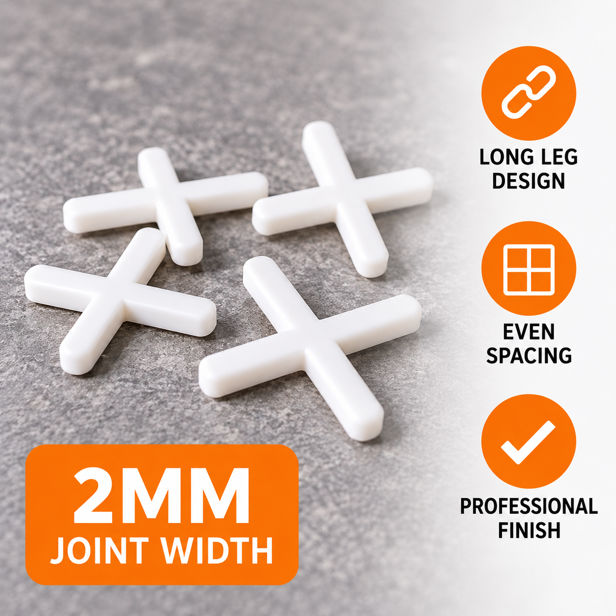 2mm long leg tile spacers showing joint width, even spacing and professional finish