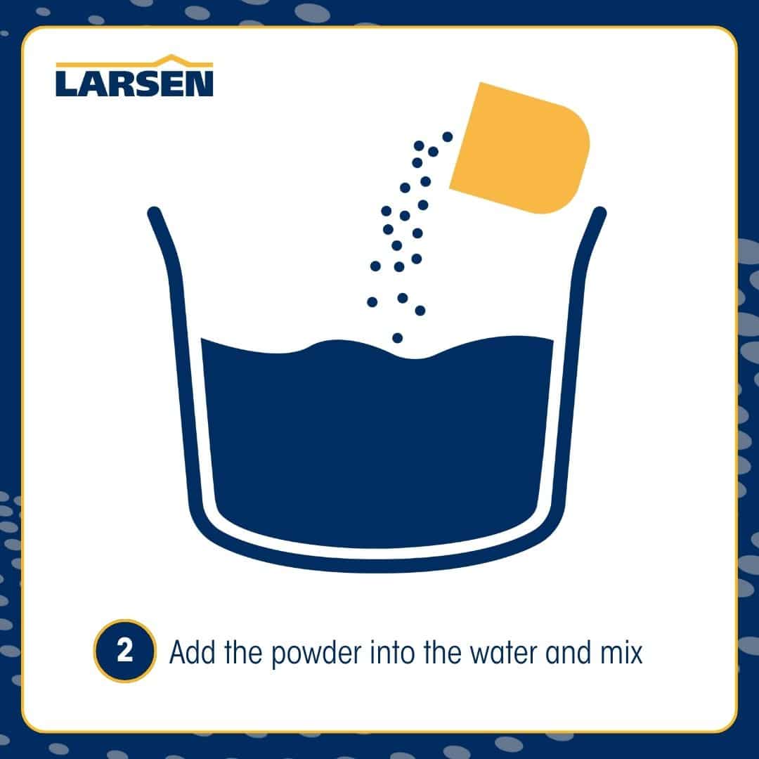 Step 3 of the Larsen Quickmix Leak Plug application — adding water to the rapid-set cement powder.
