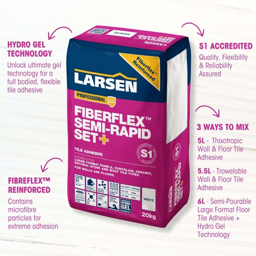A 20kg bag of Larsen Fiberflex Semi-Rapid Set+ tile adhesive shown on a white background with pink marketing callouts describing product features and mixing ratios.