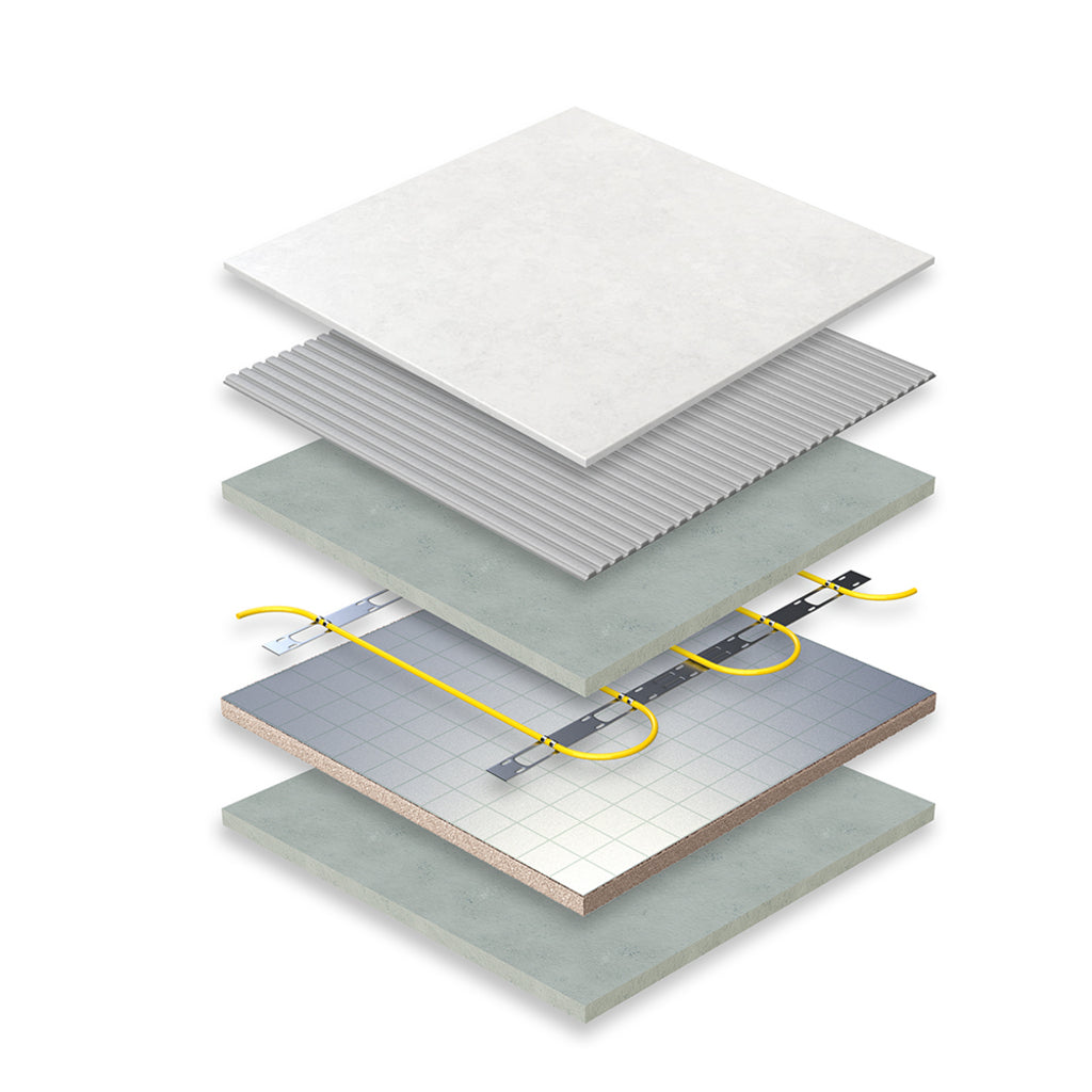 An exploded view diagram of a layered floor floor assembly on a white background. The top layer is tiles, then tile adhesive, then the concrete screed on top of the Thermosphere screed cables which is fixed to xps insulatation board, bottom layer is another concrete screed.