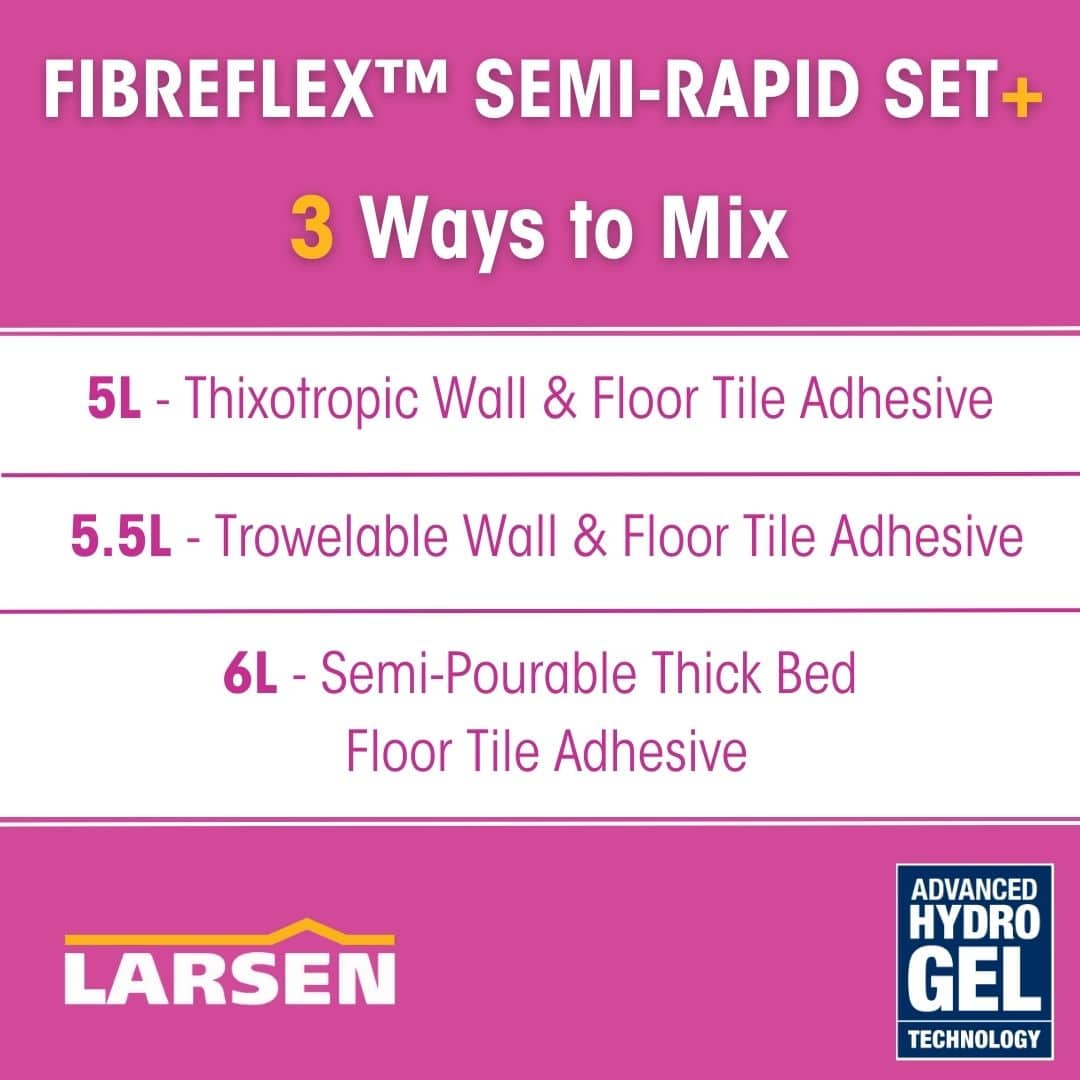 Promotional product graphic for the FIBREFLEX Semi-Rapid Set+ by Larsen, showing three mixing options: 5L Thixotropic Wall & Floor Tile Adhesive, 5.5L Trowelable Wall & Floor Tile Adhesive, and 6L Semi-Pourable Thick Bed Floor Tile Adhesive.