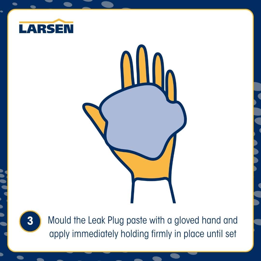 Step 4 of the Larsen Quickmix Leak Plug application — mixing the hydraulic cement to a fast-setting paste.