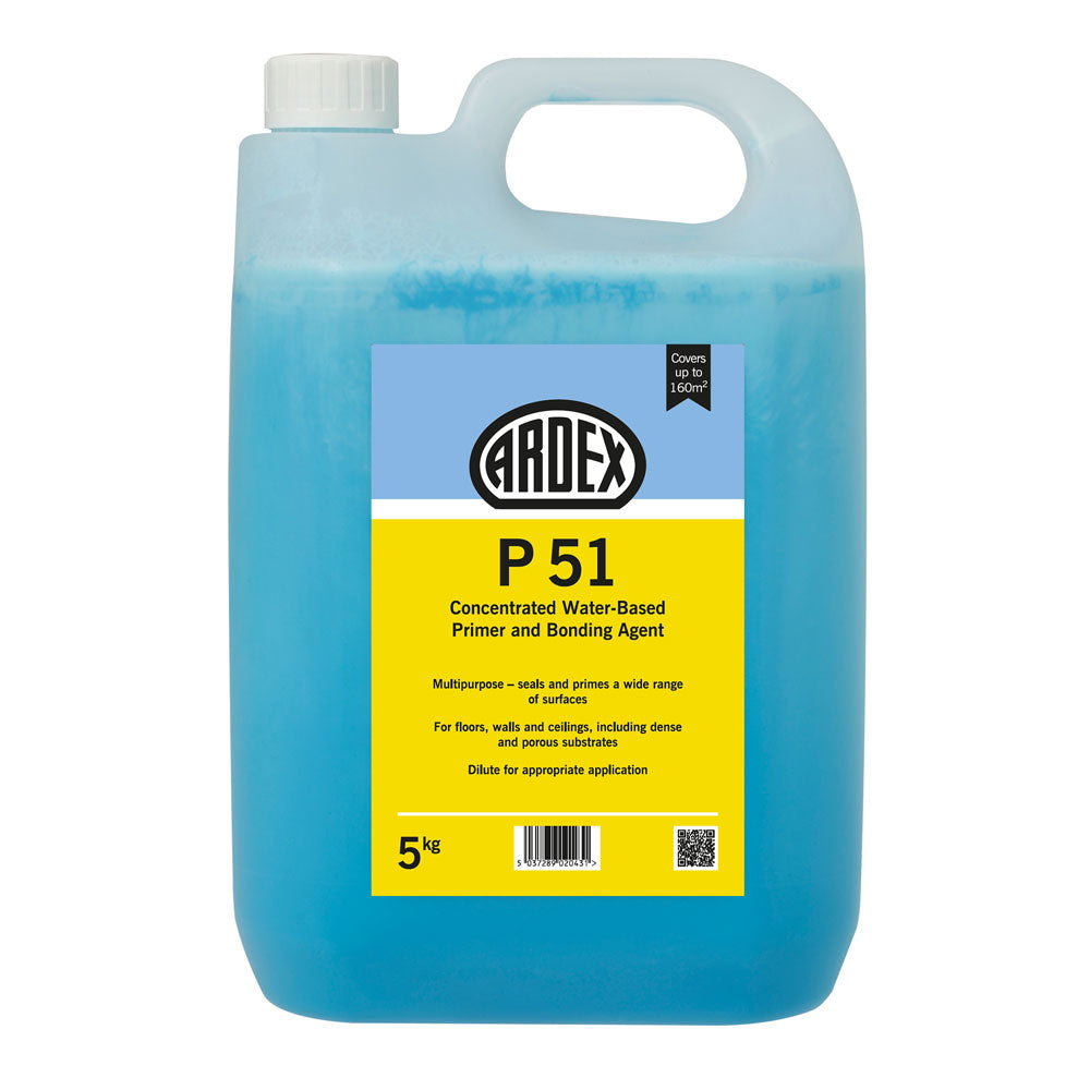Bottle of Ardex P51 Primer — main packshot of the water-based acrylic primer for absorbent and non-absorbent substrates.