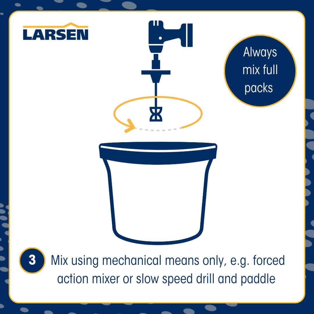 Step 4 of the Larsen Quickmix Epoxy Concrete Repair process — finishing the patched repair flush with the surrounding concrete surface.