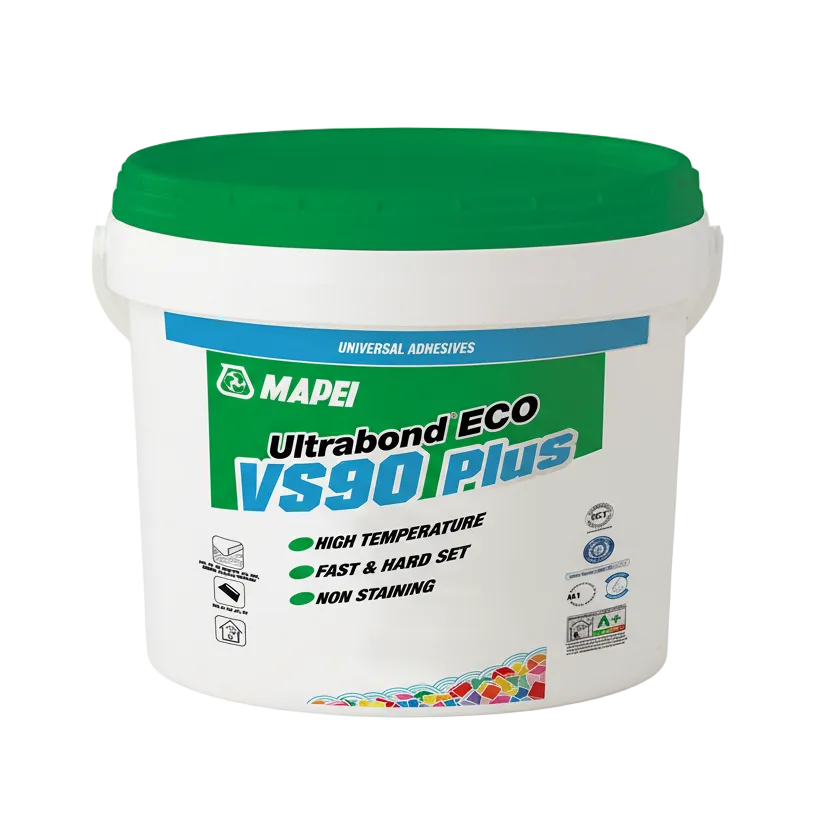 Mapei Ultrabond Eco VS90 Plus tub — main packshot of the low-emission acrylic adhesive for bonding LVT, vinyl and carpet over absorbent floor substrates.