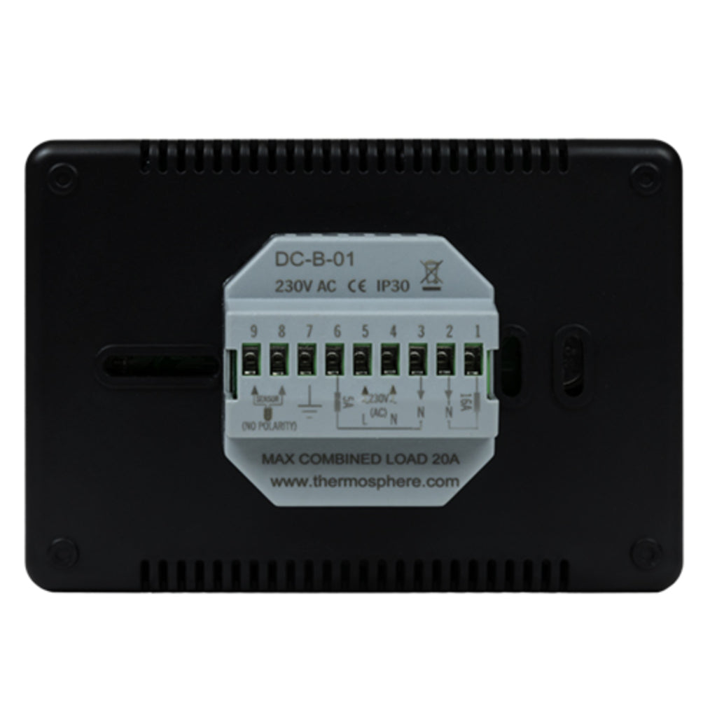 Thermosphere DC-B-01 230V AC terminal block module on a black backplate, showing eight green screw terminals with printed connection labels and a white central label.