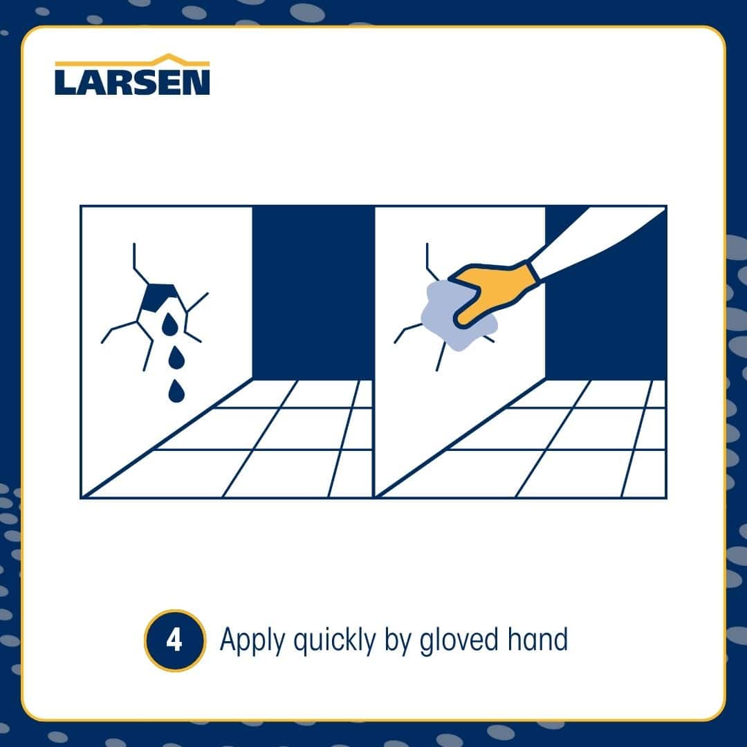 Step 5 of the Larsen Quickmix Leak Plug application — packing the mixed cement firmly against the leak point.