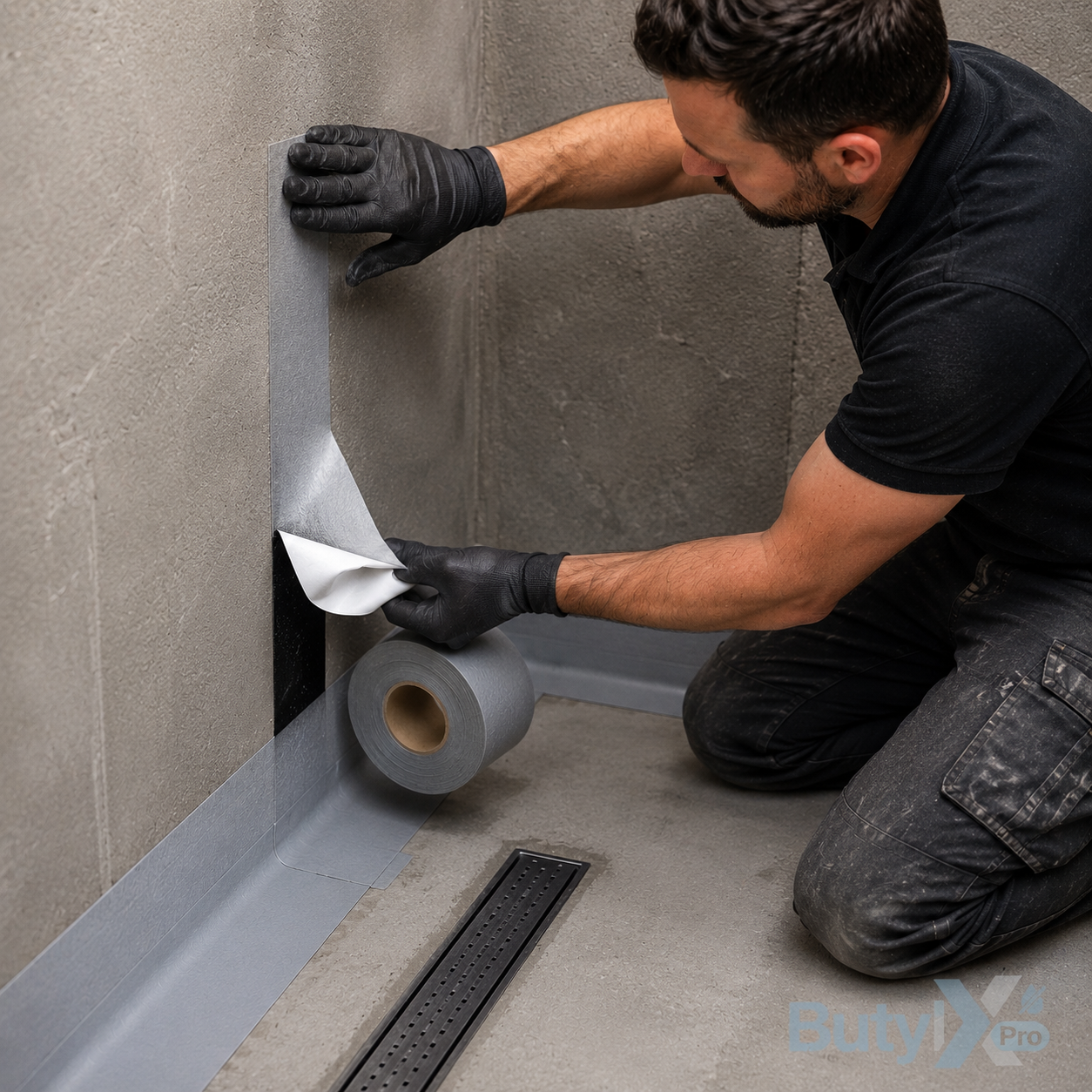 Roll of ButylX Pro self-adhesive butyl waterproofing tape on a white background, showing the grey fleece top surface, black butyl adhesive layer, and blue release liner