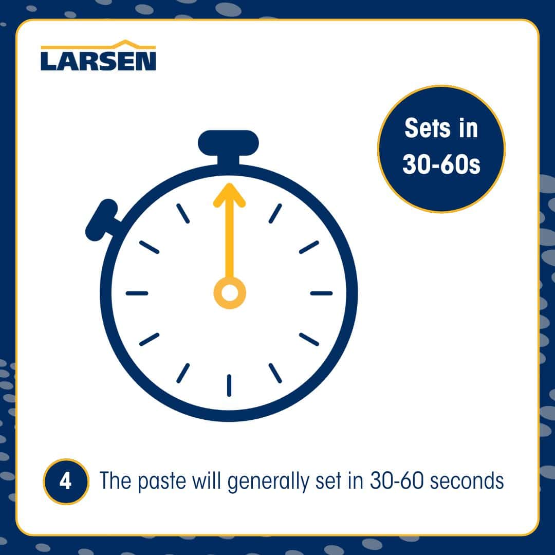 Step 6 of the Larsen Quickmix Leak Plug application — holding the cement in place while it sets and seals the active leak.