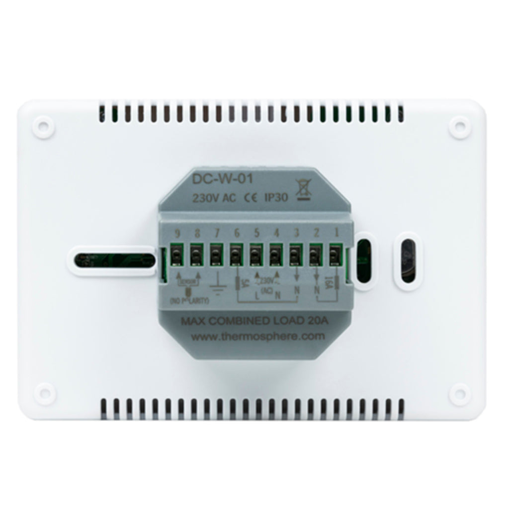 Thermosphere DC-W-01 AC 230V electrical contactor module with terminal blocks and ventilation slots on a white faceplate.