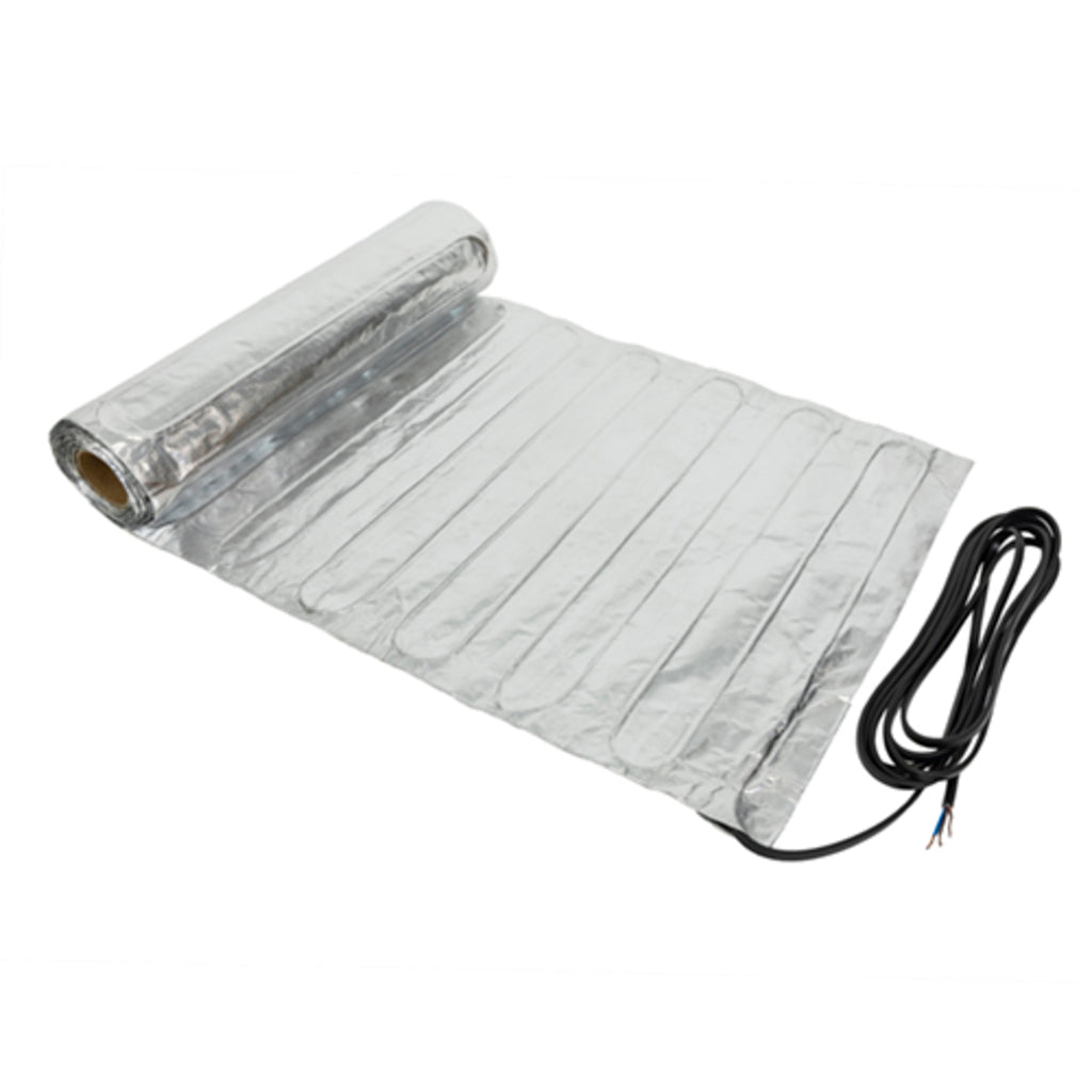 A silver reflective ThermoSphere Heating Foil mat shown partially unrolled, with a black power cord extending from one end on a plain white background.