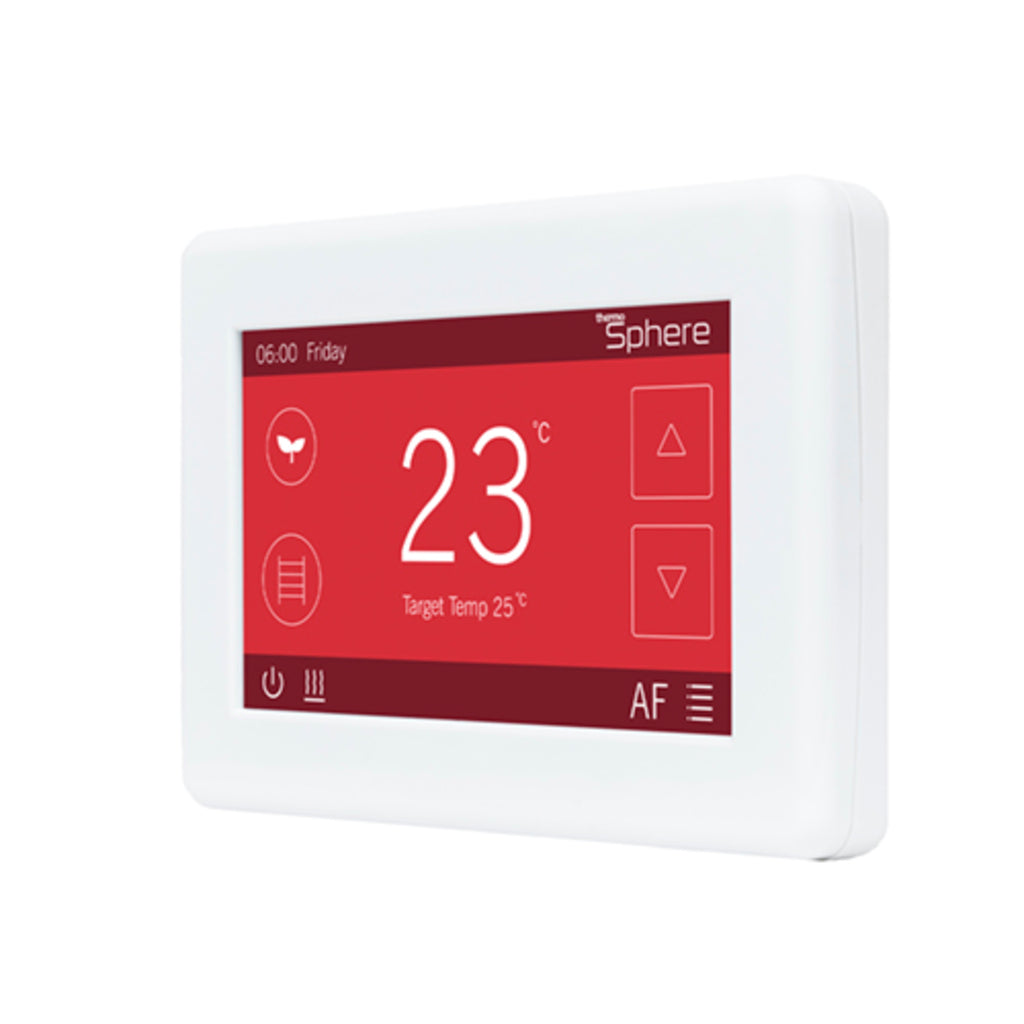 A white rectangular smart thermostat display showing a red interface with the number 23 and temperature settings, branded Sphere.