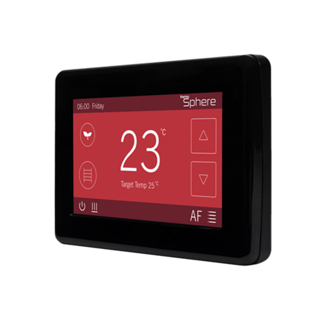 A black digital thermostat control panel with a colorful red display screen showing the temperature 23 degrees Celsius and various interface icons, set against a plain white background.