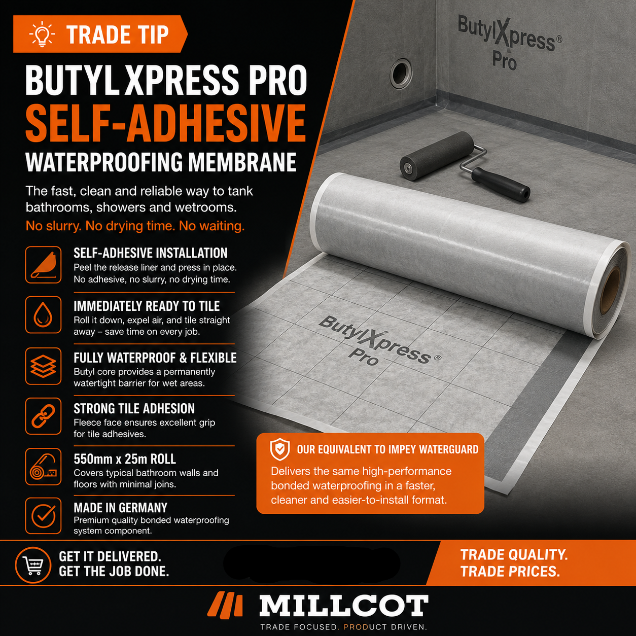 Butyl Xpress Pro self-adhesive waterproofing membrane trade tip graphic showing a roll of membrane being applied in a bathroom, with key features including self-adhesive installation, immediately ready to tile, fully waterproof and flexible, strong tile adhesion, available in 550mm x 25m rolls, and made in Germany.