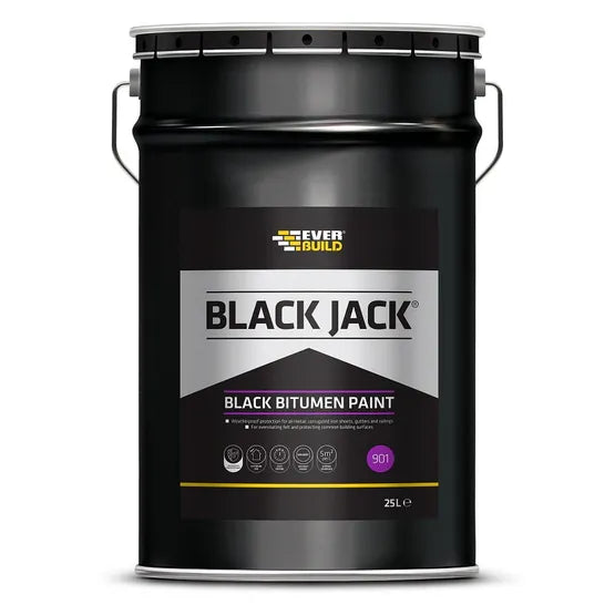 25 litre tub of Everbuild Black Jack 901 Black Bitumen Paint — main packshot of the brush-applied damp-proof bitumen coating.