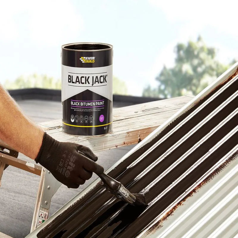 Everbuild Black Jack 901 Black Bitumen Paint 25L — alternative packshot showing the labelled side of the 25 litre tub.