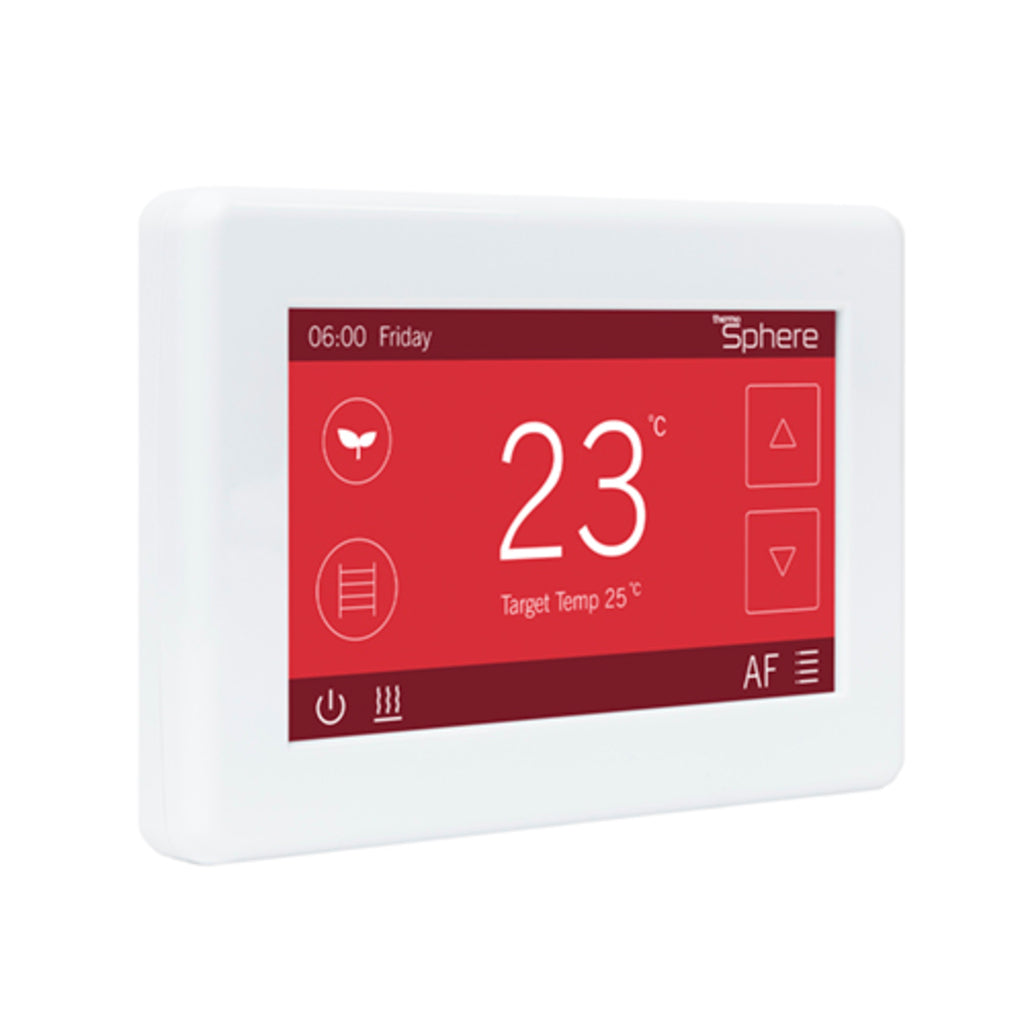 A white smart thermostat control panel with a red display screen showing the time, temperature, and control icons. The brand name 'ThermoSphere' is visible in the top right corner of the screen.