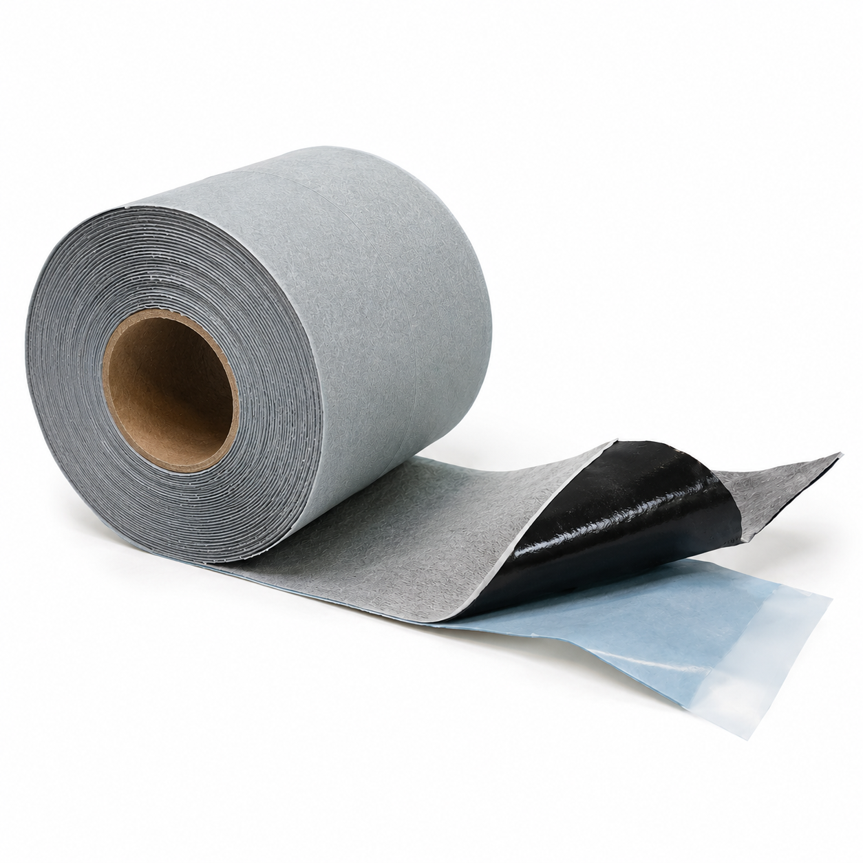 Installer in black gloves peeling the release liner from ButylX Pro waterproofing tape while pressing it into the floor-wall corner of a wetroom shower with a linear drain