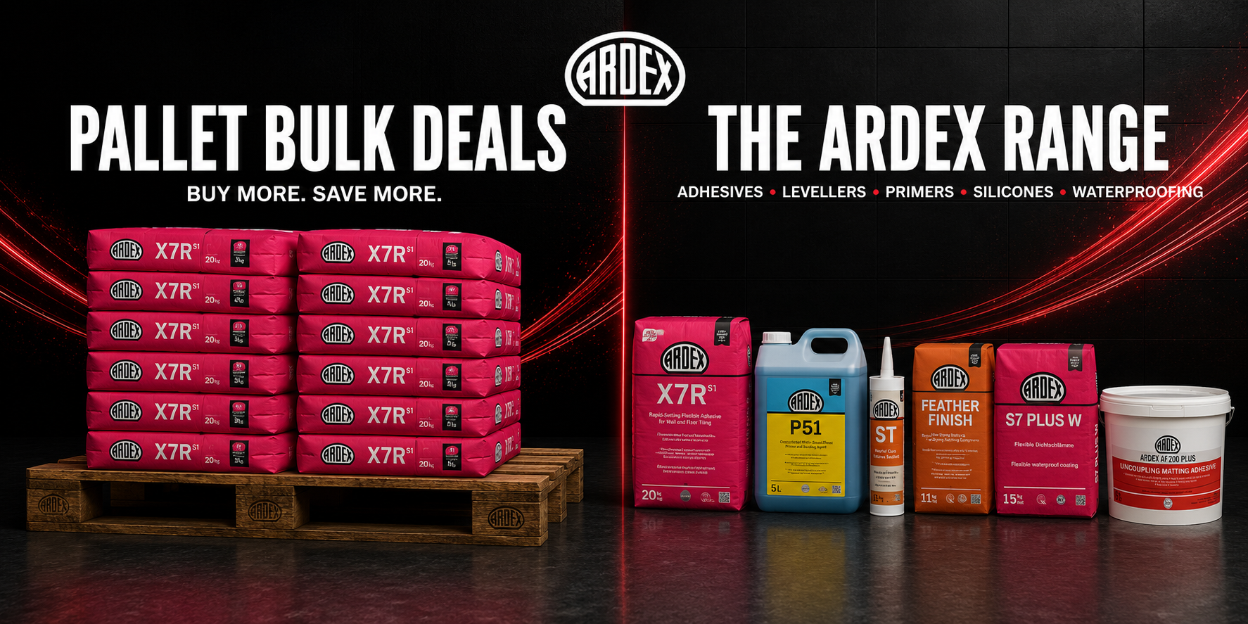 A promotional banner for Ardex industrial adhesives and waterproofing products, featuring stacks of pink X7R pallet boxes on a wooden pallet and several product containers including a P51 container, AF200, S7 Plus W, ST Silicone set against a dark background with red light streaks.