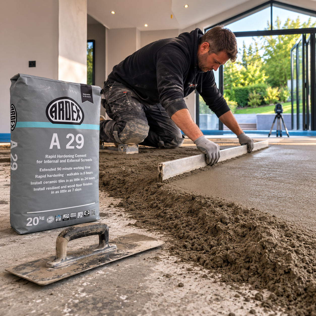A man kneels on a freshly laid screeded floor inside a modern building, using a screed bar to level the surface. A large bag of Ardex A 29 rapid hardening cement and a metal trowel are visible in the foreground.