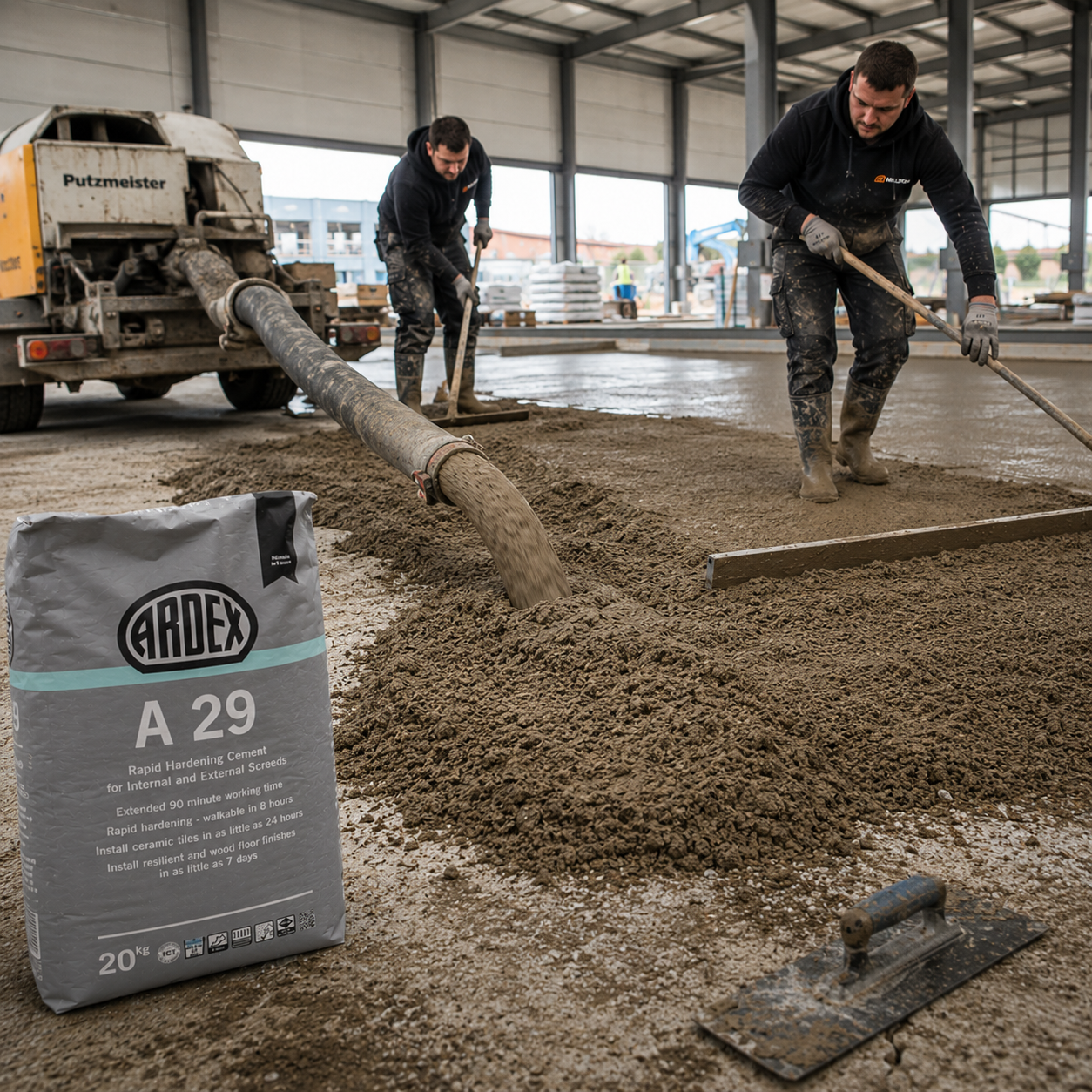 A bag of Ardex A 29 rapid hardening cement sand is shown in the foreground on a construction site, with workers spreading wet screed using tools near a concrete pump truck in the background.