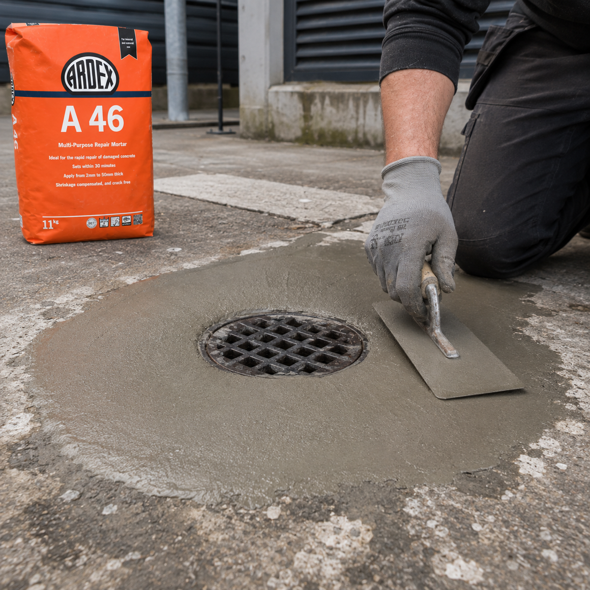 A person wearing a gray work glove uses a trowel to smooth wet mortar around a drain, with an orange bag of ARDEX A 46 Multi-Purpose Rapid Set mortar standing nearby on a paved outdoor surface.