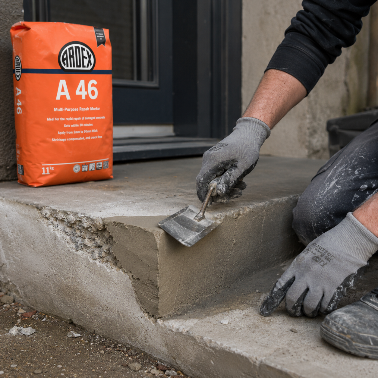 A person wearing gray work gloves applies wet mix mortar to a concrete step with a trowel, next to a bag of Ardex A 46 Multi-Purpose Repair Mortar.