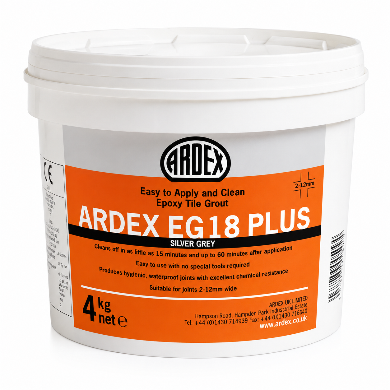 White 4kg tub of Ardex EG18 Plus epoxy grout with an orange label, white background.