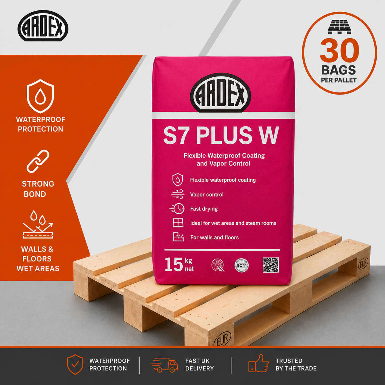 Full pallet of Ardex S7 Plus flexible waterproof tanking coating — 30 x 15kg bags shrink-wrapped for trade delivery.