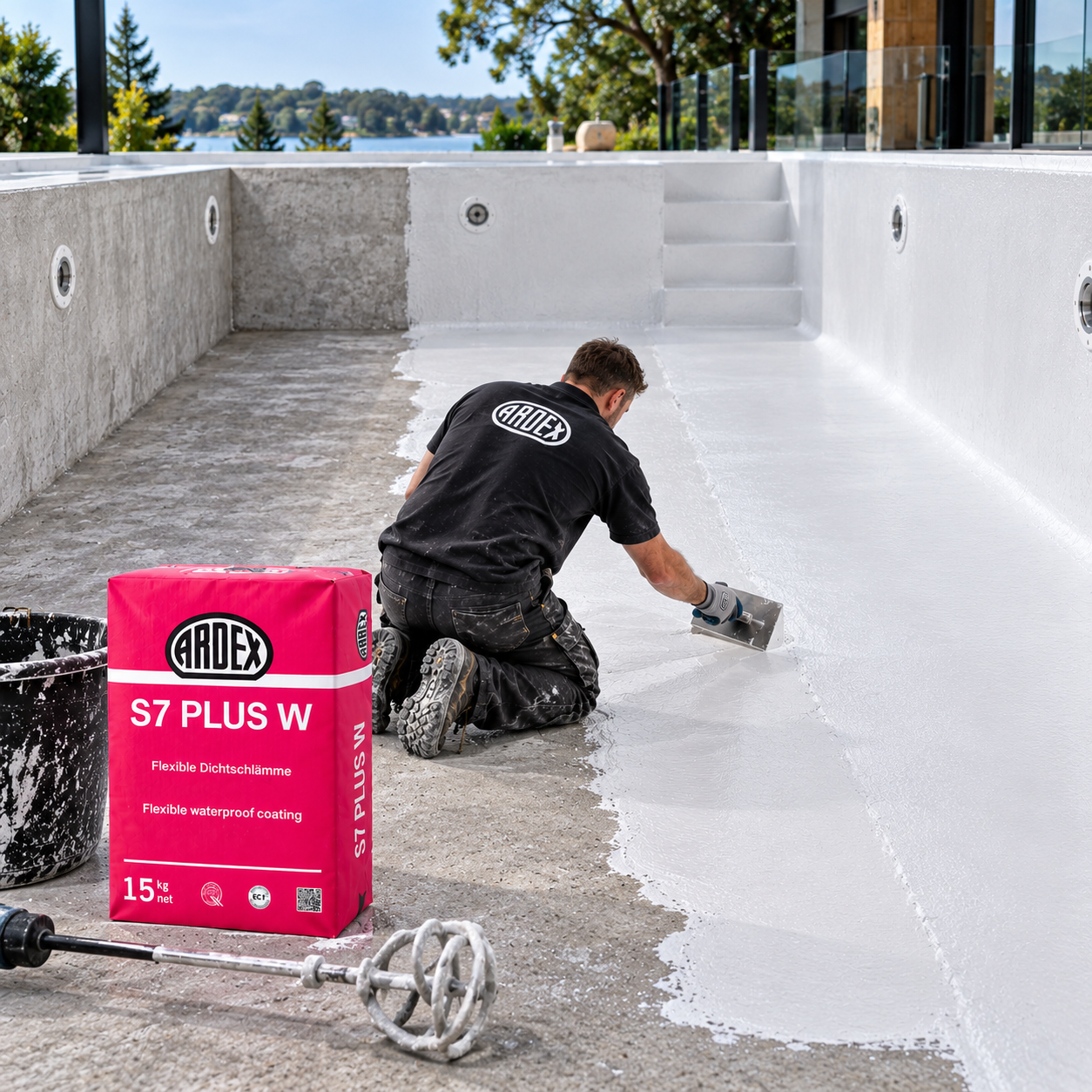 ARDEX S7 Plus W being trowel applied as a white waterproof coating inside a swimming pool