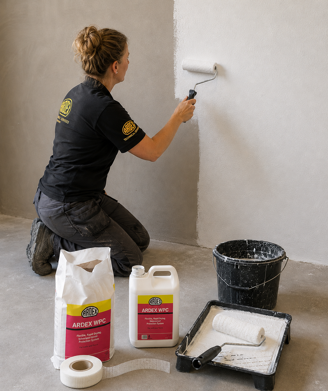 A woman kneels on a concrete floor applying Ardex WPC to a wall with a roller. In front of her are half empty containers of Ardex WPC, a black bucket, a paint tray with a roller, and a paint brush.