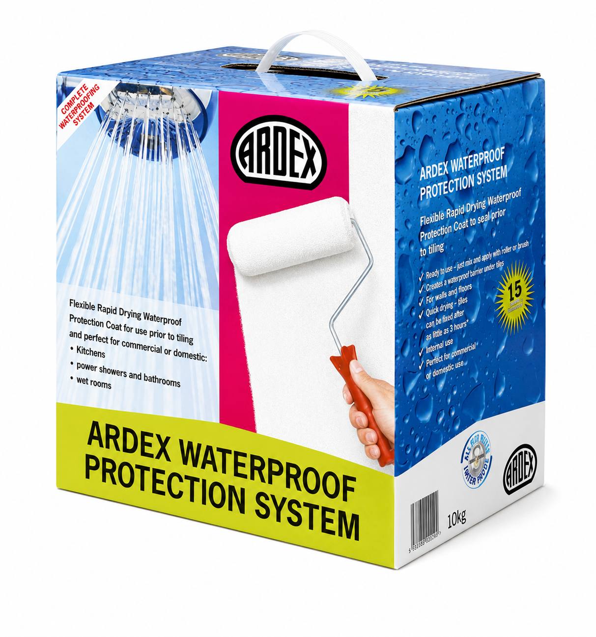 A 10kg box of Ardex WPC Waterproof Protection System, featuring a white, blue, and yellow packaging design with a graphic of a paint roller.
