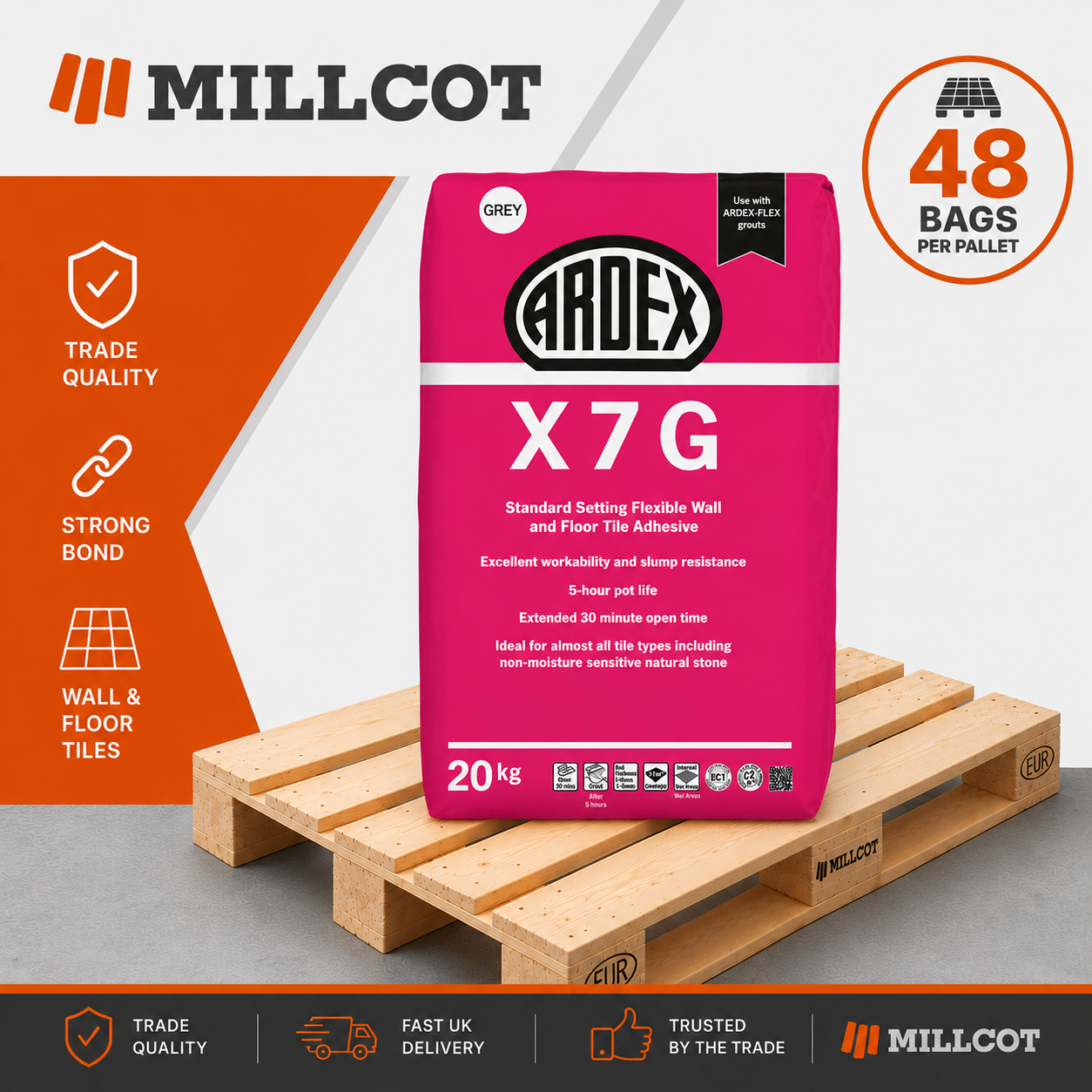 Ardex X7G Flexible Standard Set Grey Tile Adhesive Full Pallet 48 x 20kg Bags