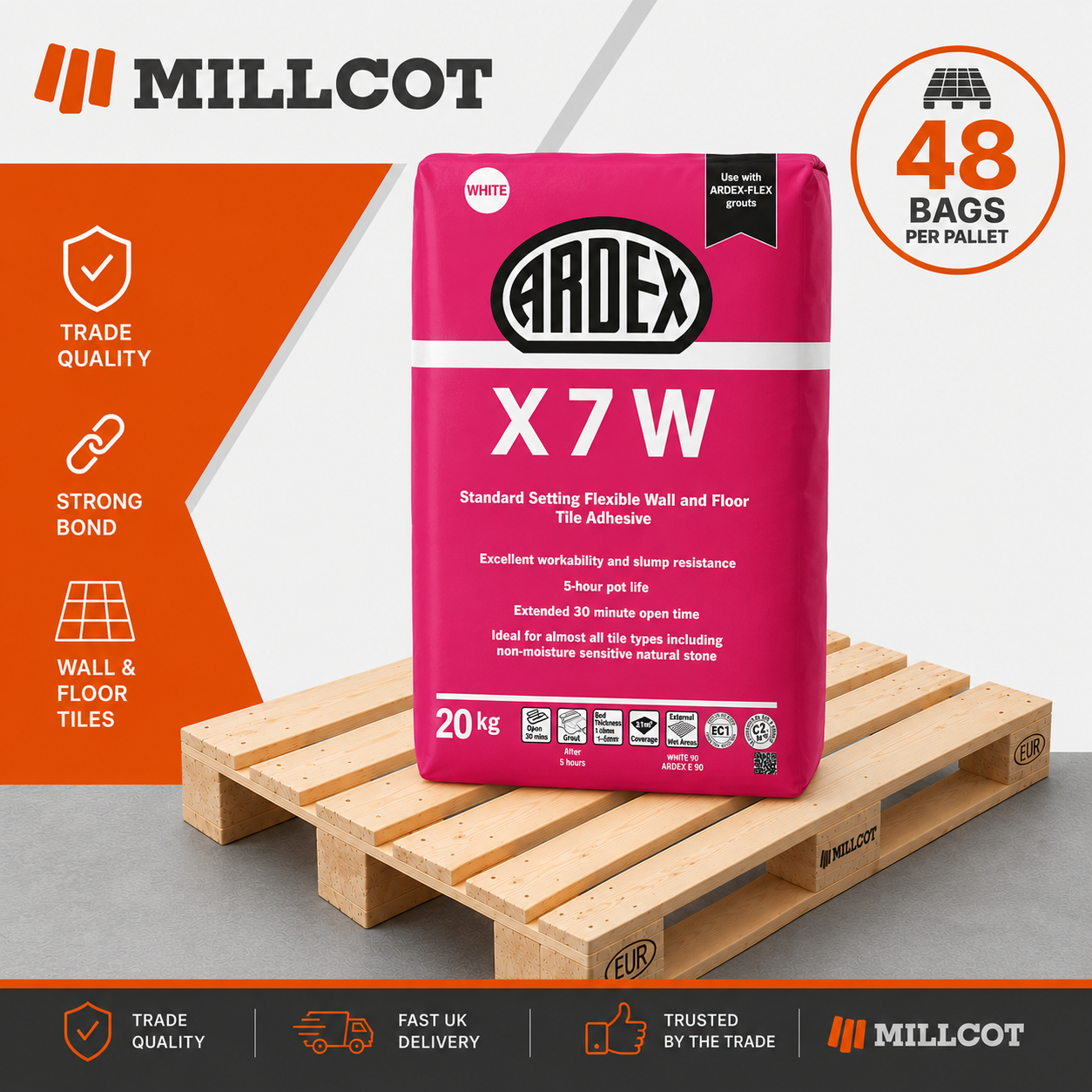Ardex X7W Flexible Standard Set White Tile Adhesive Full Pallet 48 x 20kg Bags