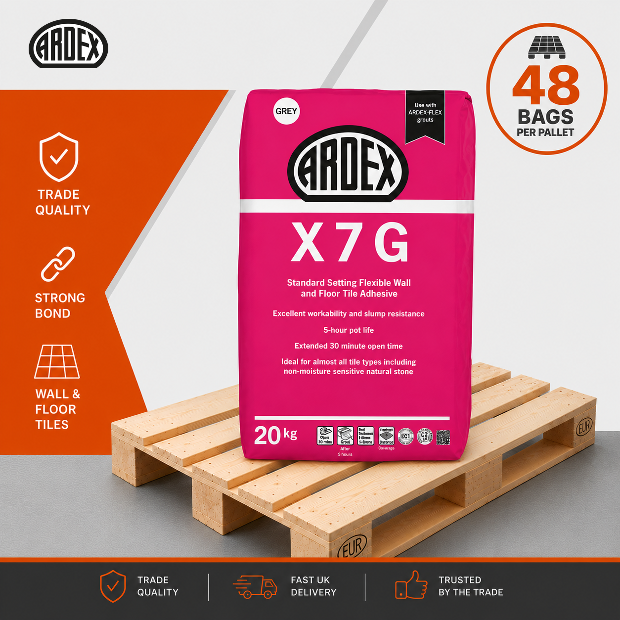 Ardex X7G flexible standard set S1 wall and floor tile adhesive grey 20kg full pallet of 48 bags