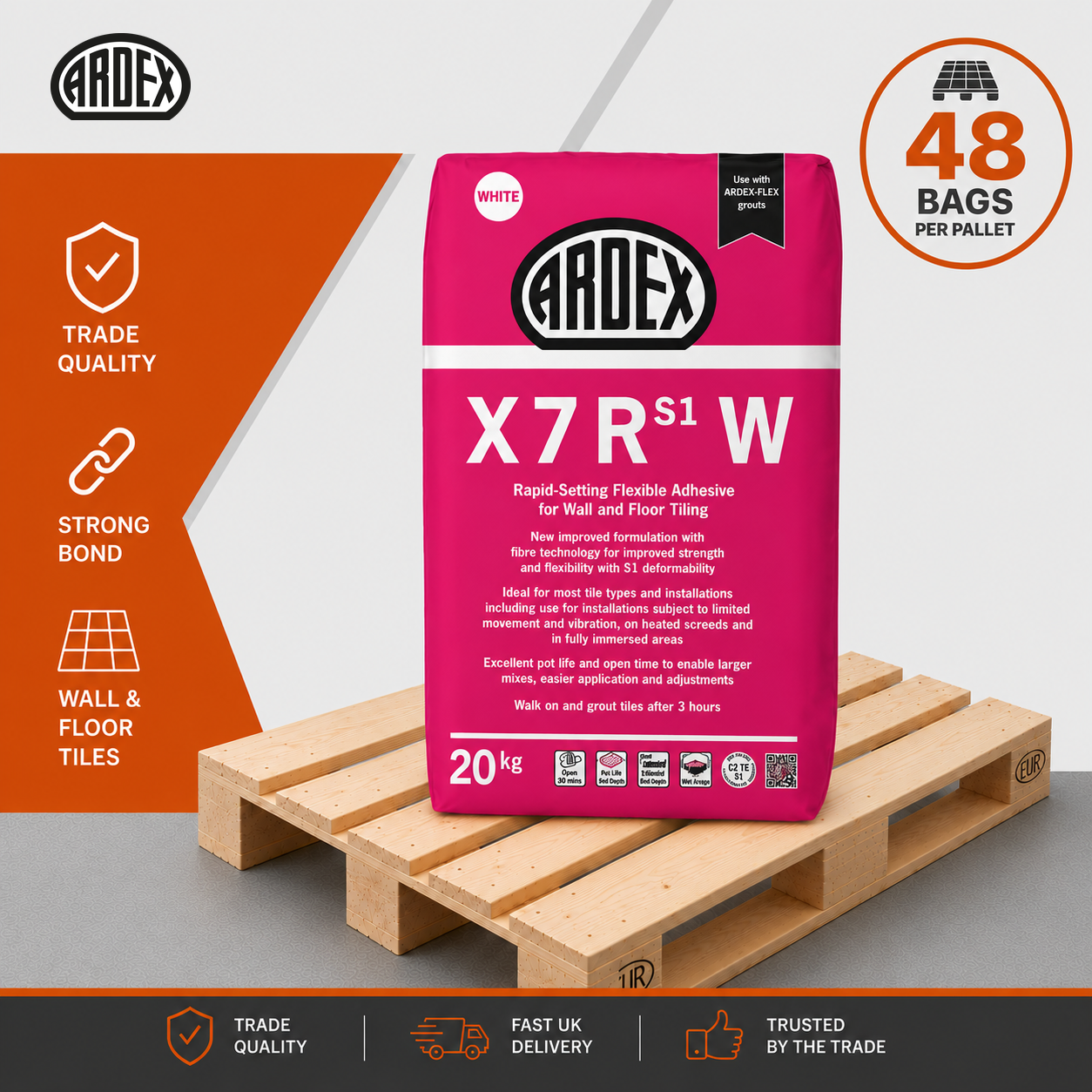 Ardex X7RW S1 flexible rapid set wall and floor tile adhesive white 20kg full pallet of 48 bags