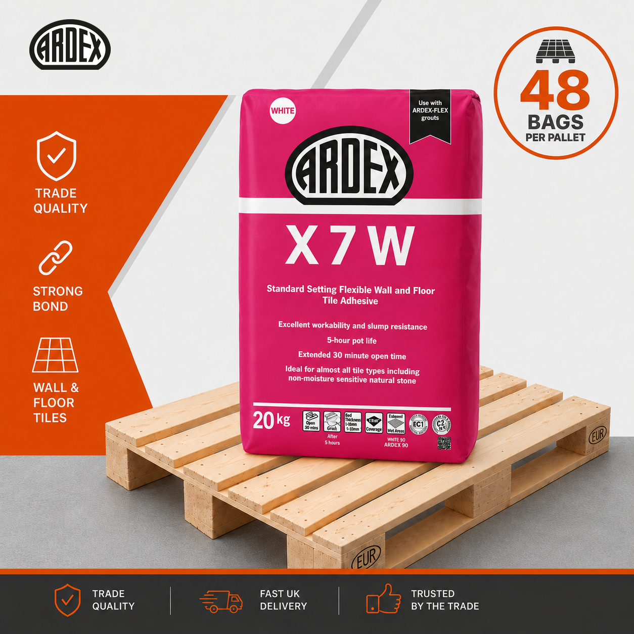 Ardex X7W flexible standard set S1 wall and floor tile adhesive white 20kg full pallet of 48 bags
