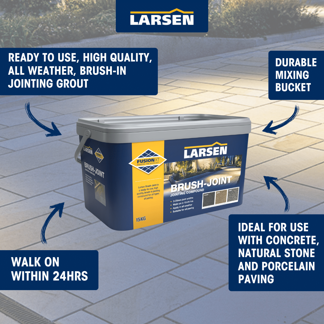 Larsen Fusion XT Brush-Joint brand graphic — close-up of the polymeric jointing compound being brushed and swept into paving joints.