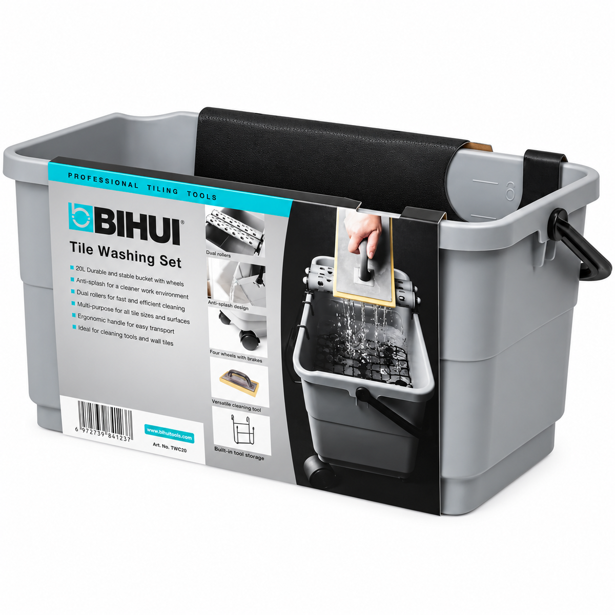 Bihui 23L washboy bucket with wheels, grate and ergonomic handle
